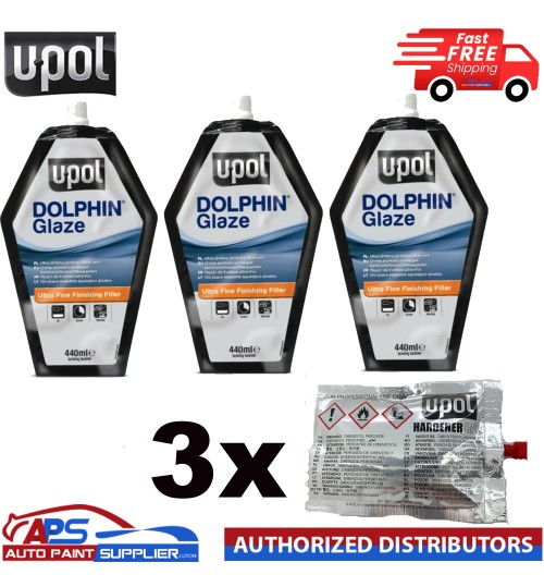 3 x U-POL Dolphin Glaze 440ml Self Levelling Glazing Putty UPOL + HARDENER TUBES